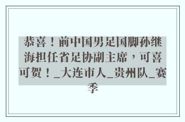 恭喜！前中国男足国脚孙继海担任省足协副主席，可喜可贺！_大连市人_贵州队_赛季