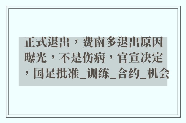 正式退出，费南多退出原因曝光，不是伤病，官宣决定，国足批准_训练_合约_机会